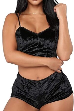 Women's Velvet 2 Piece Outfit Spaghetti Strap Sleeveless Crop Top Camisole and Shorts Pajamas Set Sleepwear Nightwear