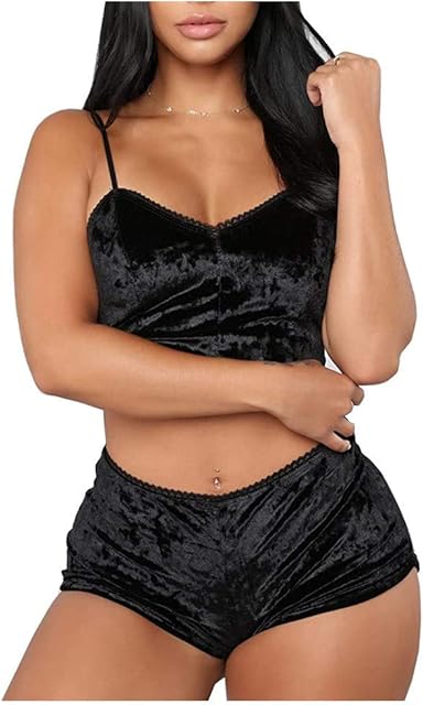 Women's Velvet 2 Piece Outfit Spaghetti Strap Sleeveless Crop Top Camisole and Shorts Pajamas Set Sleepwear Nightwear