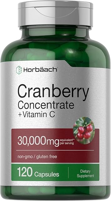 Horb?ach Cranberry Concentrate Extract Pills + Vitamin C | 30,000mg | 120 Capsules | Triple Strength Ultimate Potency Formula | Non-GMO and Gluten Free Supplement