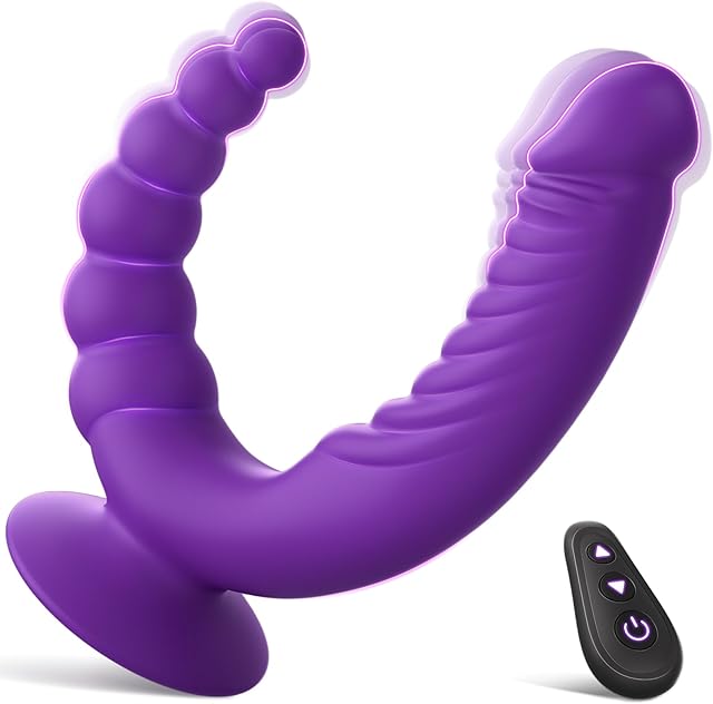 Double Dildo Lesbian Toys - Sex Toy Double Sided Dildos G spot Suction Cup Vibrator with Anal Beads & 10 Vibrating Modes, Adult Toys Vibrators with Remote Control for Womens Couples Games