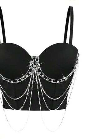 Women Sexy Bustier Glitter Rhinestone Chain Overbust Corset Spaghetti Strap Wedding Party Going Out Crop Top Y2k