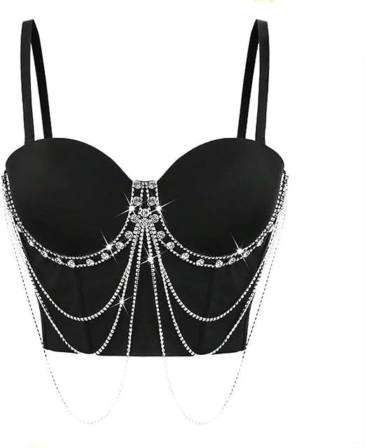 Women Sexy Bustier Glitter Rhinestone Chain Overbust Corset Spaghetti Strap Wedding Party Going Out Crop Top Y2k