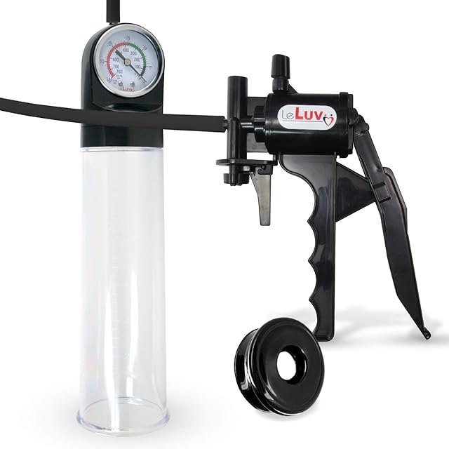 LeLuv Tyro Handle Penis Pump Bundle with Master Gauge Cylinder and Premium Black Hose Bundle with TPR Sleeve