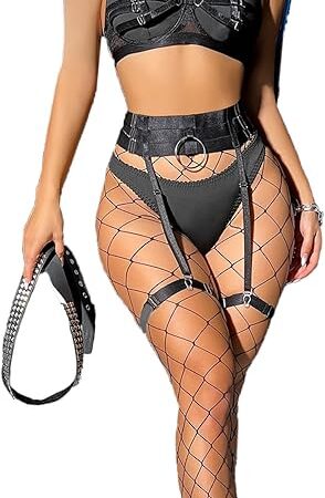 Womens Lingerie Faux Leather Garter with Underwire Push Up Bra and Chain Lace Teddy Bodysuit