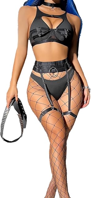Womens Lingerie Faux Leather Garter with Underwire Push Up Bra and Chain Lace Teddy Bodysuit