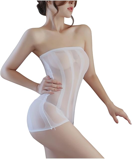 Women Sexy Mesh Dress Strapless Bodycon Mini Tube Dresses See Through Lingerie Dresses Striped Netsuit Nighties