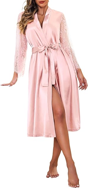 Women's Floral Lace Kimono Robe Long Sleeves Dressing Gown Bathrobe Bride Robe Nightwear