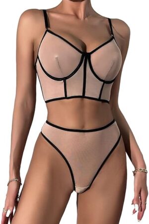 Women's 2 Piece Sexy Bra and Thong Lingerie Set Sheer Mesh Bralette and Panty Set
