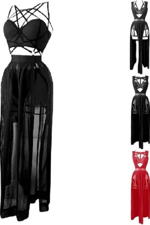 Women's Sexy Harness Lingeries Dress Strappy Mesh Sheer Bustier Dress Halloween Vintage Gothic Hollow Garters Dress