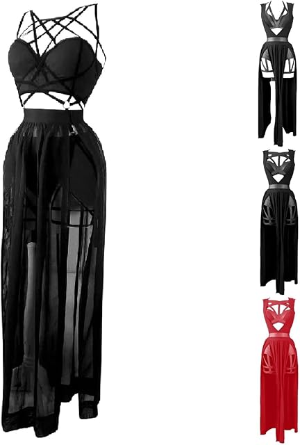 Women's Sexy Harness Lingeries Dress Strappy Mesh Sheer Bustier Dress Halloween Vintage Gothic Hollow Garters Dress
