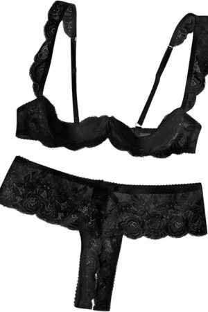Women Sexy White Floral Lace Sheer Lingerie Set Underwire See Through Bra and Panty