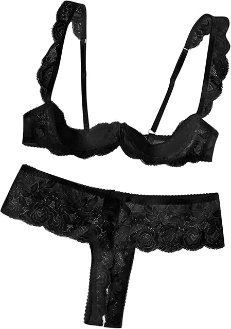 Women Sexy White Floral Lace Sheer Lingerie Set Underwire See Through Bra and Panty