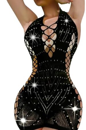 Women's Sexy Fishnet Bodysuit, Exotic Romper Lingerie with Sparkle Rhinestones, Cut Out Design, One Size Fits Most