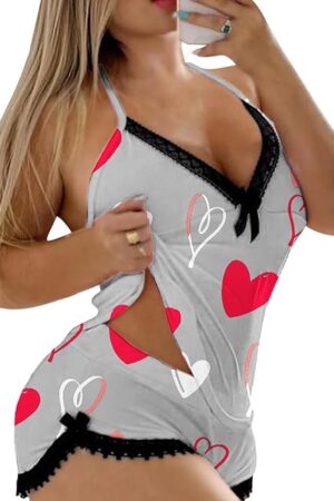 Womens Sweetness Valentines Pajamas Sexy Leopard Print Lace V Neck Cami Shorts Nightwear Lingerie Camisole Nightwear