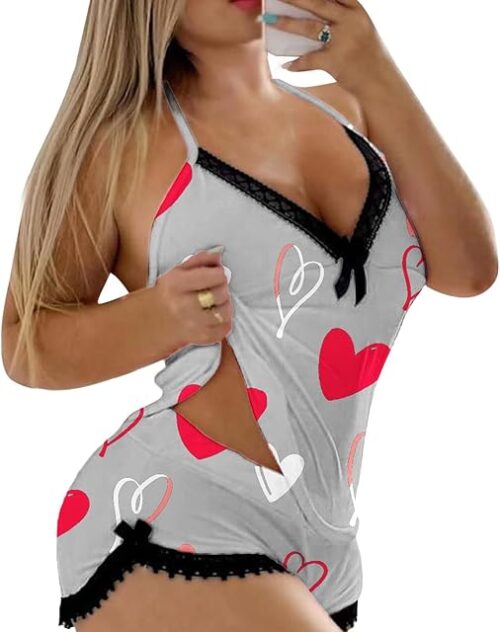 Womens Sweetness Valentines Pajamas Sexy Leopard Print Lace V Neck Cami Shorts Nightwear Lingerie Camisole Nightwear