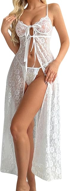 Womens Lingerie Set with Thongs Sexy High Split Sling Nightdress Nightgown Lace Teddy Babydoll Underwear Sleepwear