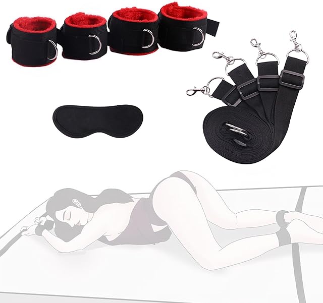 Bed Bondage Restraints Kit for Adult, BDSM Set with Sex Handcuffs, Ankle Cuffs and Bed Strap Adjustable, Portable SM Games Toys Sex Toys for Women Men Couples Lovers Beginner