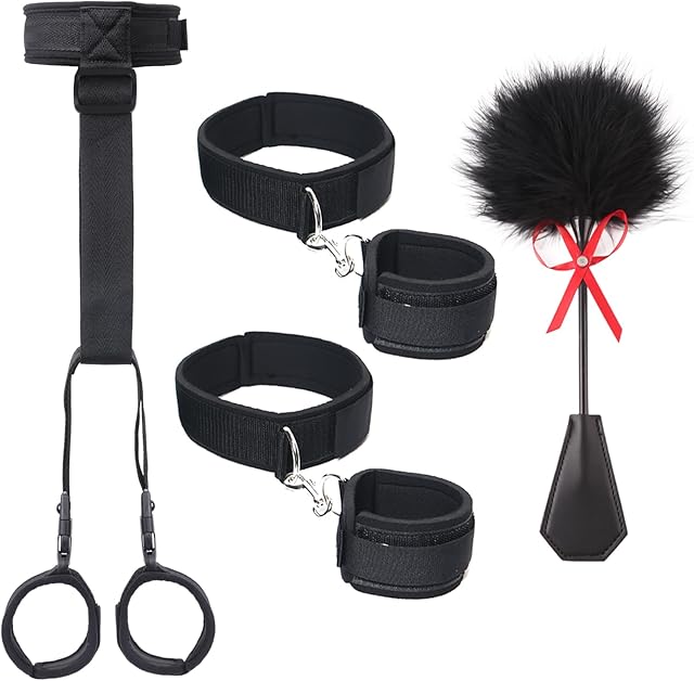 BDSM Sex Bondage Restraints Kit, Thigh Wrist Cuffs Leg Straps Handcuffs & Crop Paddle Tickler Sex Toys for Women Neck to Wrist Bondage Set, Adjustable Bondage Gear & Accessories for Couple Game Play