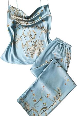 Womens Pajama Sets Shorts Silk Sexy Lingerie Printed Sling Top and Lounge Elastic Wide Leg Pants Sleepwear Set