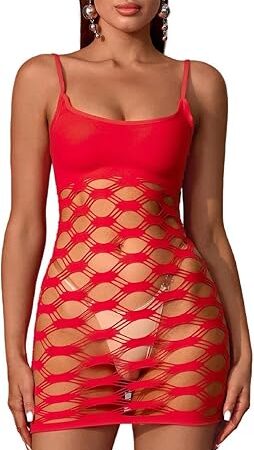 Women's Sexy Mesh BodyStocking Fishnet Lingerie Stretchy Bodysuits One Piece See Through Halter Wrap Dress