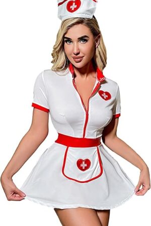 Women Sexy Nurse Cosplay Lingerie Set, Seductive Teddy Bodycon Short Dress Uniform with Erotic Pant and Cute Headband