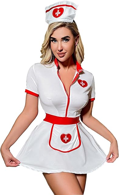 Women Sexy Nurse Cosplay Lingerie Set, Seductive Teddy Bodycon Short Dress Uniform with Erotic Pant and Cute Headband