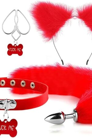 Fox Anal Plug Tail Set Animal Costume Set Butt Plug Tail Anales Plug Toys Nipple Clips Cat Ears Necklace for Women Man Beginners Adult Couples Sex Pleasure Red Plush Plug Tail 4PCS