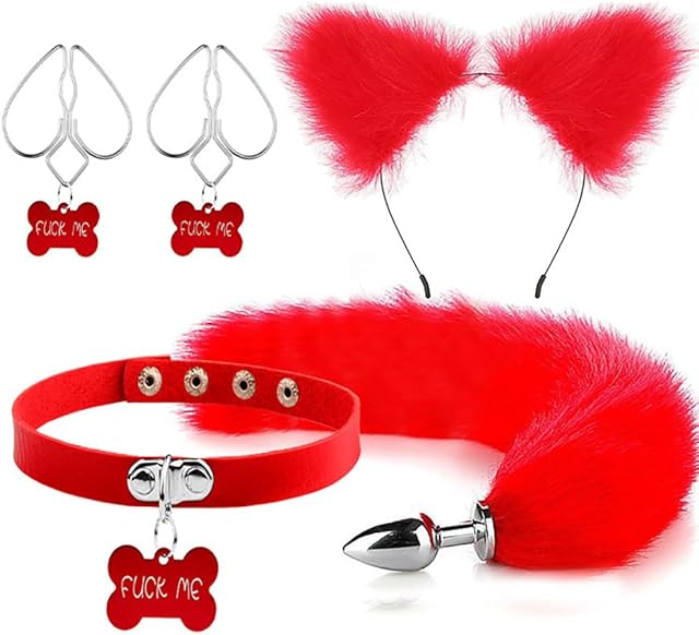 Fox Anal Plug Tail Set Animal Costume Set Butt Plug Tail Anales Plug Toys Nipple Clips Cat Ears Necklace for Women Man Beginners Adult Couples Sex Pleasure Red Plush Plug Tail 4PCS