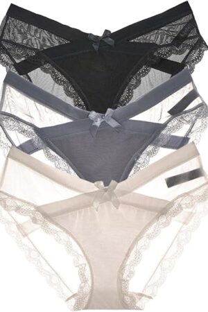 3 Packs Lace Underwear for Women Sexy Breathable Hipster Panties Bowknot Stretch Seamless Bikini Briefs
