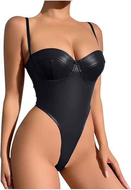 Women's PU Patent Leather Corset Lingerie Sexy Underwire Bodysuits Exotic Onesie Babydoll Nighty Boudoir Outfits