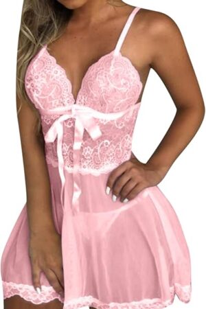 Babydoll Lingerie for Women Honeymoon V Neck Bowknot Chemise Sexy Exotic Negligee Sheer Mesh Nightdress Nightgown
