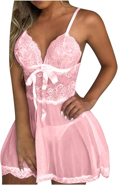 Babydoll Lingerie for Women Honeymoon V Neck Bowknot Chemise Sexy Exotic Negligee Sheer Mesh Nightdress Nightgown