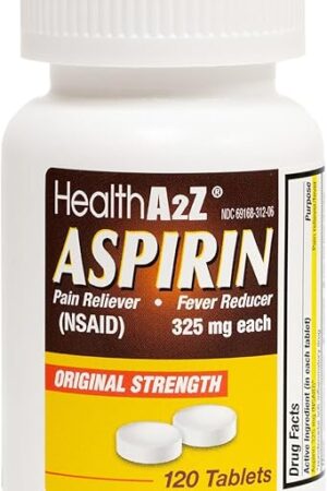 HealthA2Z? Aspirin 325mg | Uncoated Tablets |Original Strength | Pain Reliver |Fever Reducer | Compare to Bayer? Active Ingredients? (120 Counts)