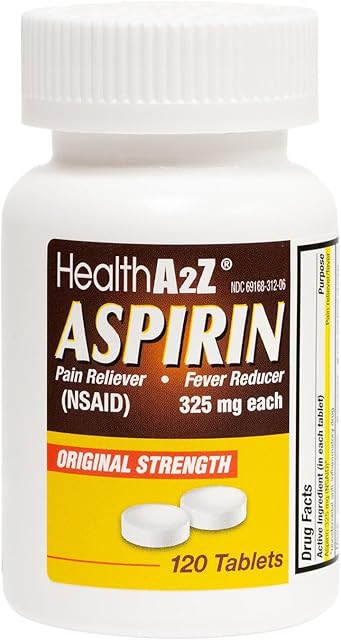 HealthA2Z? Aspirin 325mg | Uncoated Tablets |Original Strength | Pain Reliver |Fever Reducer | Compare to Bayer? Active Ingredients? (120 Counts)