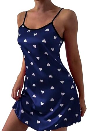 Women's Silk Satin Heart Print Nightgowns Sleepwear Sleeveless Nightwear Spaghetti Strap V Neck Cami Mini Dress