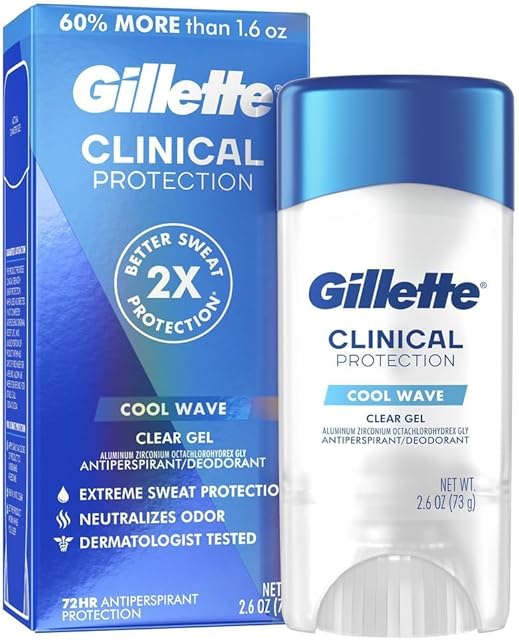 Gillette Clinical Antiperspirant and Deodorant for Men, 72hr Sweat & Odor Protection, Long Lasting Freshness, Anti-White Mark Technology, Clear Gel, Cool Wave Scent, 26 oz