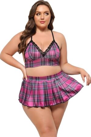 Women's Plus Size School Girl Lingerie Sexy Student Cosplay Costume Outfits with Plaid Bra and Mini Skirt Sets