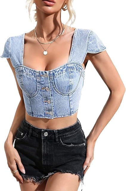 Denim Corset Top for Women Sexy Bustier Tube Top Button Jean Halter Tops Vest