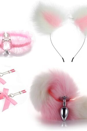 Butt Plug Tail Plug, Cute Fox Tail Plug Tail with Small Butt Plug Nipple Clamp Cat Ears Headband Metal Anal Sex Toys for Women Man Beginners Butt Trainer Set Adult Couples