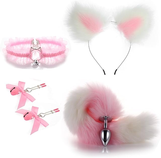 Butt Plug Tail Plug, Cute Fox Tail Plug Tail with Small Butt Plug Nipple Clamp Cat Ears Headband Metal Anal Sex Toys for Women Man Beginners Butt Trainer Set Adult Couples