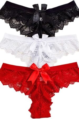 Women's Sexy Bow Underwear Pack Lace G-String Thongs Low Waist Panties