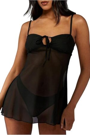 Women's 2 Piece Lingerie Set Sheer Mesh Spaghetti Strap Chemise Night Dress with Thong