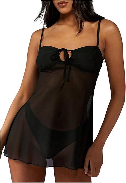 Women's 2 Piece Lingerie Set Sheer Mesh Spaghetti Strap Chemise Night Dress with Thong