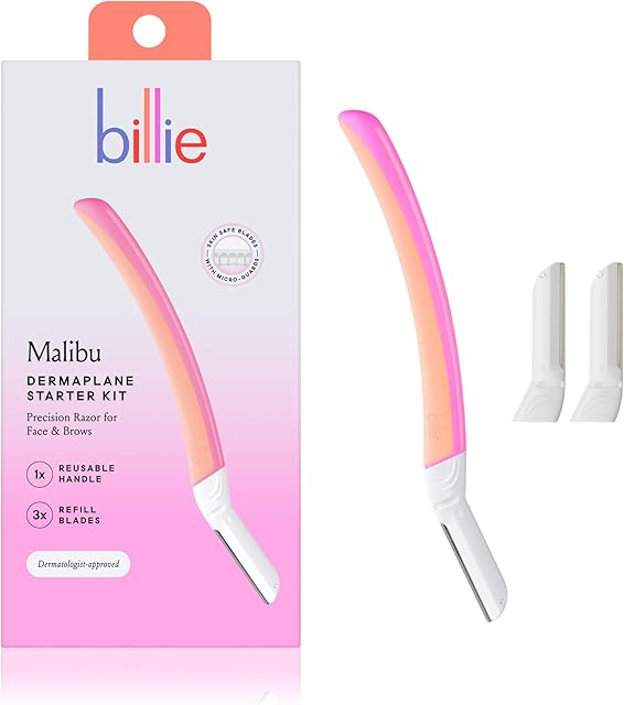 Billie - Dermaplane Starter Kit - Reusable Handle + 3 Refill Blades - Remove Facial Hair + Perfectly Shape Brows - Dermatologist-Approved - Malibu