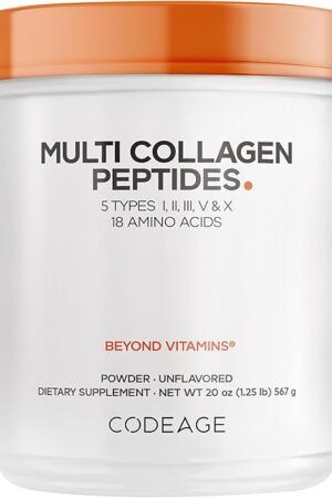 Codeage Multi Collagen Protein Powder Peptides, Hydrolyzed Collagen for Women & Men, Collagen Supplements, Grass Fed Bone Broth, 2-Month Supply, Unflavored, Type 1, 2, 3, 5 & 10, Non-GMO - 20 OZ