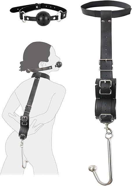 BDSM Sex Bondage Anal Hook, Neck to Wrist Behind Back Handcuffs Collar with Anal Trainer & Ball Gag, Bed Restraints Sex Game Accessories Kinky Fetish Role Play Adult Sex Toys for Couple Beginner