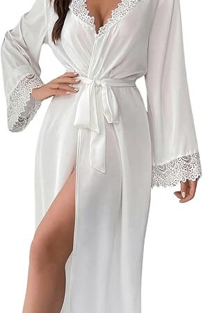 Women's Long Bride Lace Satin Robe Kimono Long Sleeve Sexy Lingerie Bridesmaid Robes V Neck Sleepwear