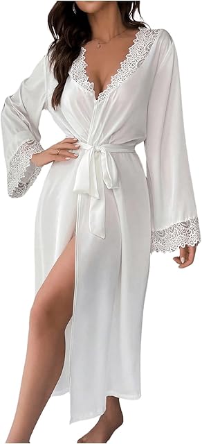 Women's Long Bride Lace Satin Robe Kimono Long Sleeve Sexy Lingerie Bridesmaid Robes V Neck Sleepwear