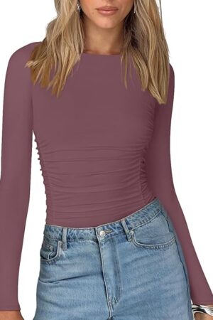 Womens Classic Crew Neck Double Lined Long Sleeve Bodysuit Ruched Slim Fitted Fashion Going Out Fall Tops