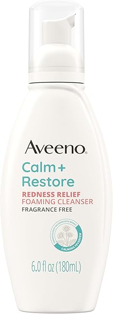 Aveeno Calm + Restore Redness Relief Foaming Cleanser, Daily Facial Cleanser With Calming Feverfew to Help Reduce the Appearance of Redness, Hypoallergenic & Fragrance-Free, 6 fl oz